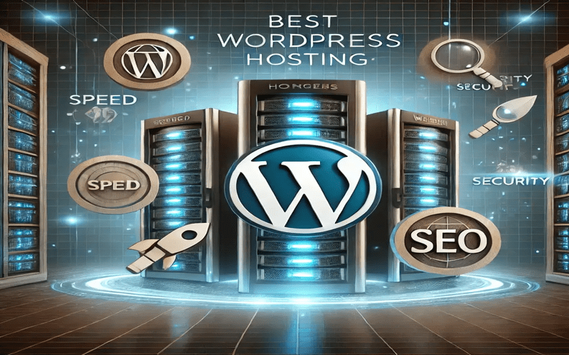 Modern office workspace with desktop computer displaying WordPress hosting providers' logos