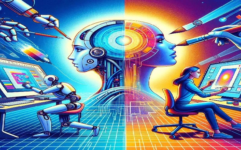 A futuristic graphic design workspace illustrating the collaboration between designers and AI technology in 2025.