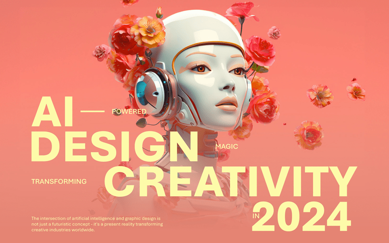 A futuristic graphic design studio showcasing AI tools and diverse designers collaborating on vibrant visuals.