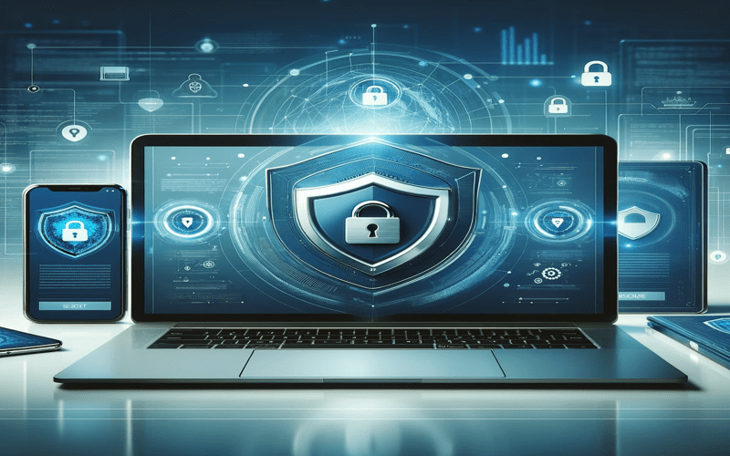 Illustration of securing media files in WordPress, featuring a computer showcasing the media library alongside symbols of security and file types.