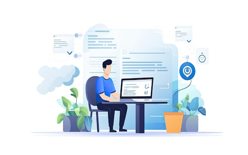 A modern home office workspace featuring a person designing websites on a computer, with colorful templates visible, conveying creativity and accessibility in web design.