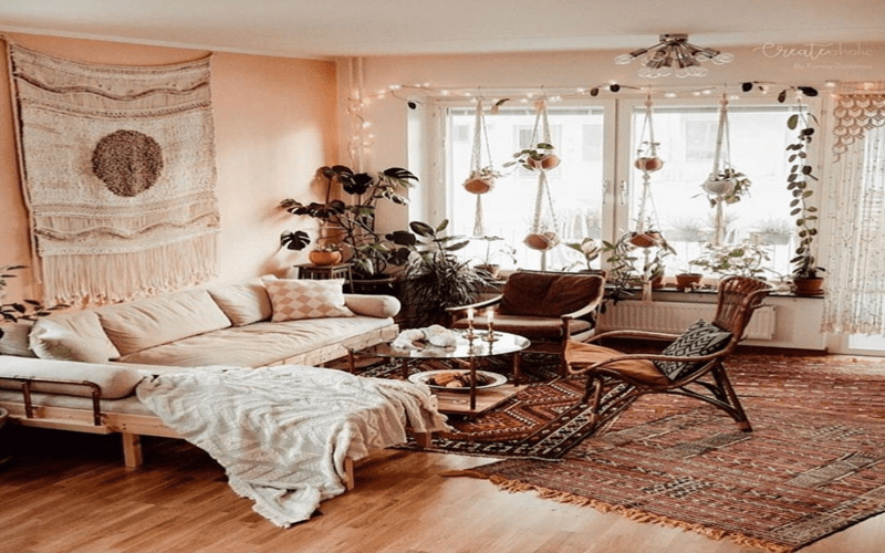 Chic and modern interior design of a cozy living room with a comfortable sofa and stylish decor.