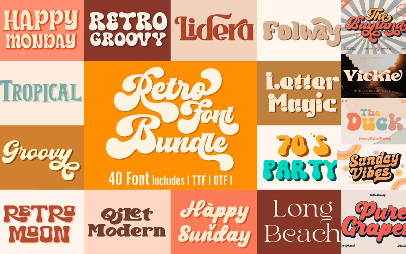 Collage showcasing various pixel fonts inspired by retro aesthetic and classic video games.