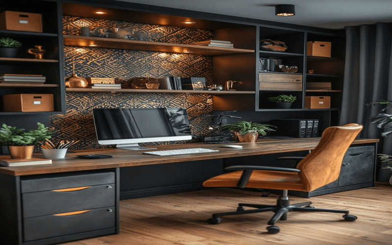 Stylish home office setup with modern desk, plants, and warm lighting.