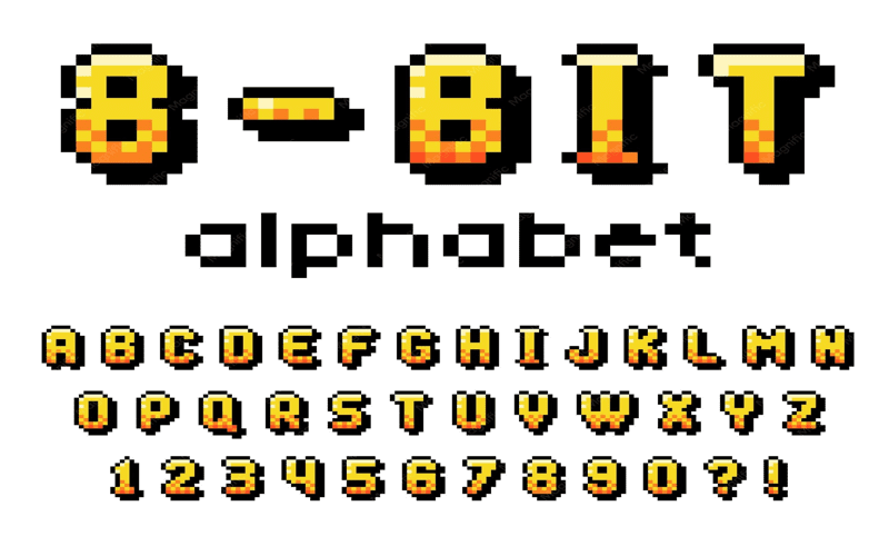 A vibrant collection of pixel fonts displayed on a textured pixelated background, inspired by retro video games.