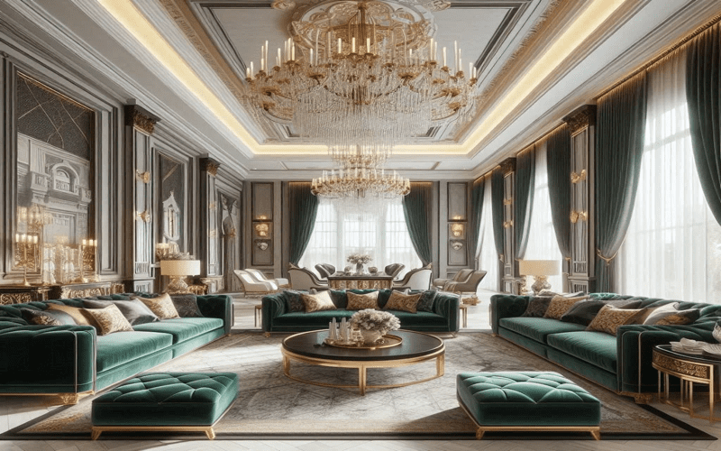 Elegant modern living room design with large windows and stylish decor.