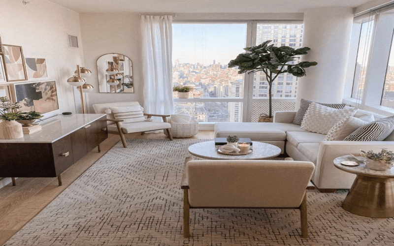 Collection of modern interior design ideas for small living spaces, featuring a minimalist living room, an innovative small kitchen, and a stylish bedroom.