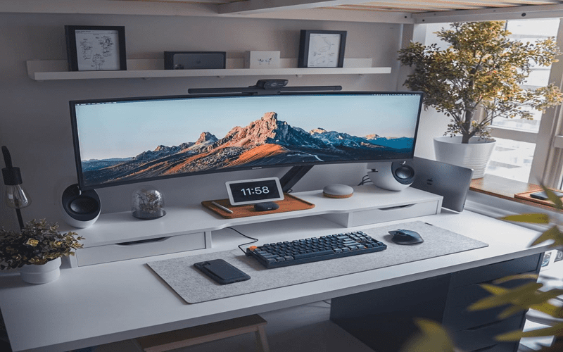 Modern home office with ergonomic furniture and creative decor.
