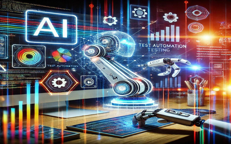 A futuristic representation of web design influenced by AI and automation, showcasing a high-tech workspace with holographic interfaces.
