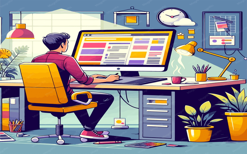 An inspiring web design portfolio layout displayed on a computer, showcasing projects with high-quality visuals in a creative workspace.