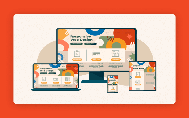 An illustration showing responsive web design with a computer, tablet, and smartphone, demonstrating different websites adjusted to screen sizes.