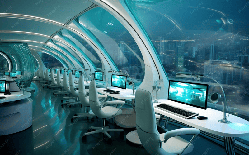 Futuristic web design workspace showcasing AI and automation in action with sleek technology and holographic elements.