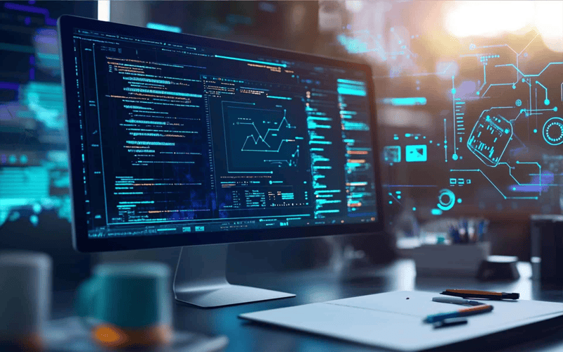 A modern workspace showcasing web design tools and a colorful website on a computer screen, inspiring beginners to create stunning websites.