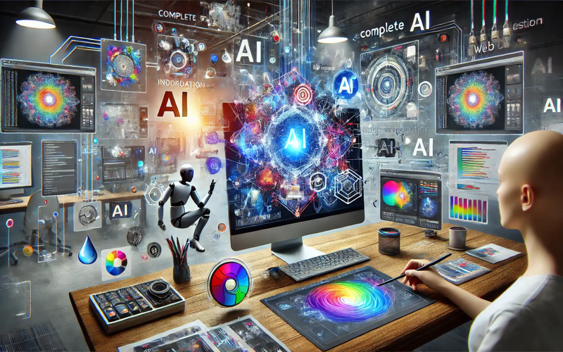 Futuristic workspace showcasing AI-driven web design trends and automation tools, embodying the future of digital interactions.