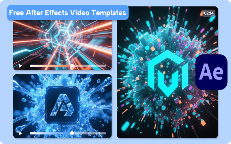 Concept design showcasing various After Effects broadcast templates in vibrant colors, highlighting their versatility for video production.