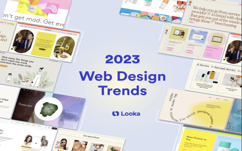 Hero image representing top 10 web design trends for 2023, featuring modern and minimalist design elements, dark mode themes, and vibrant illustrations.