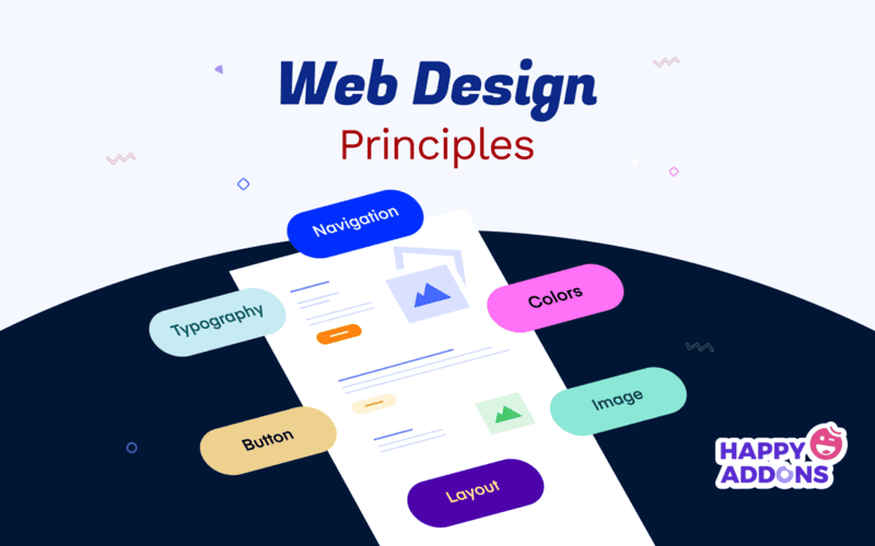 Abstract representation of web design principles highlighting alignment, contrast, repetition, and proximity, using geometric shapes and a modern color palette.